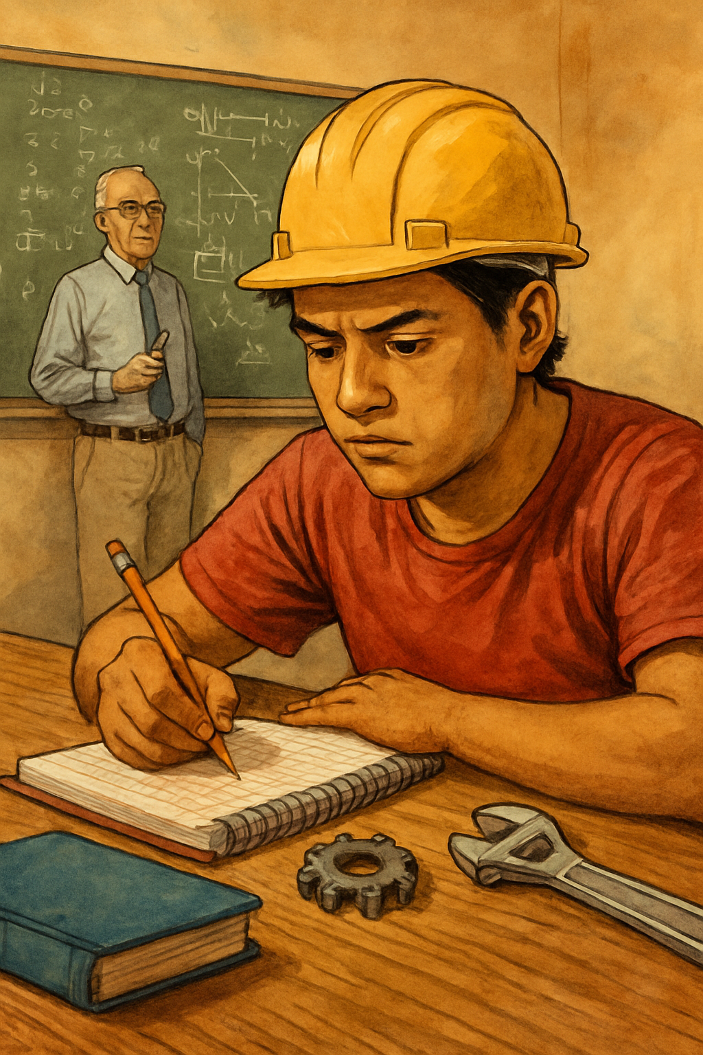 Ilustración editorial de un joven con casco de construcción y mochila, parado en una intersección urbana, mirando al frente con expresión seria.