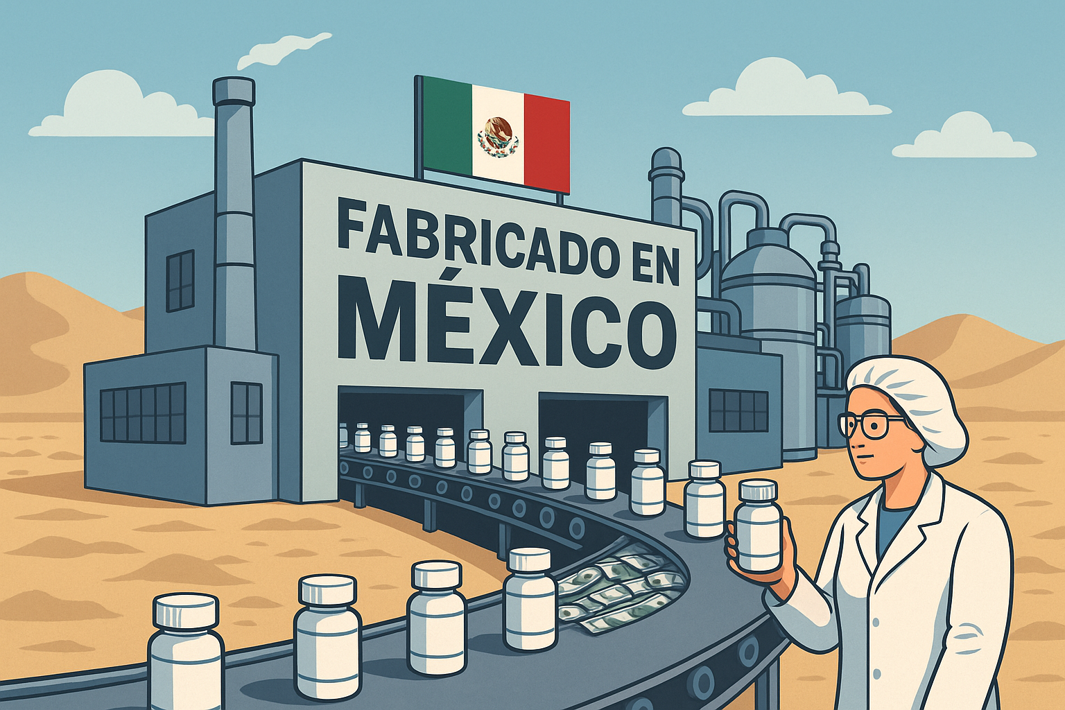 Ilustración de una planta farmacéutica moderna con sello “Hecho en México”, representando la autosuficiencia sanitaria promovida por el gobierno federal.