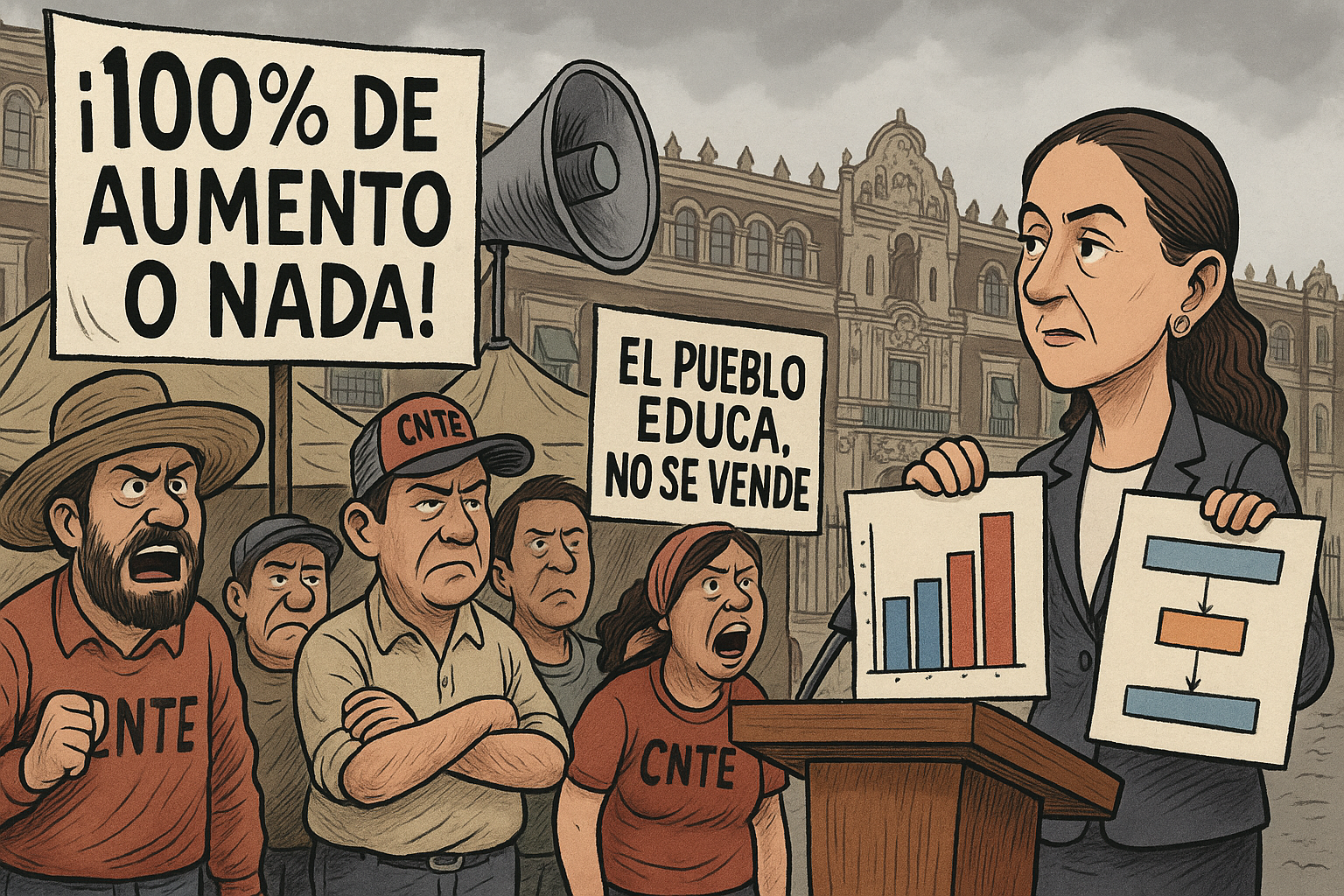 Protesta de maestros de la CNTE con pancartas frente a Palacio Nacional durante paro indefinido en mayo de 2025.