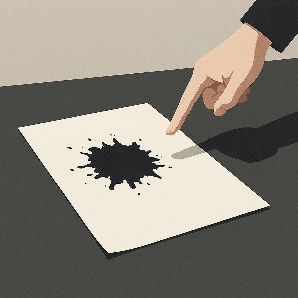 Ilustración editorial de una hoja manchada de tinta negra con un dedo señalándola desde la sombra.