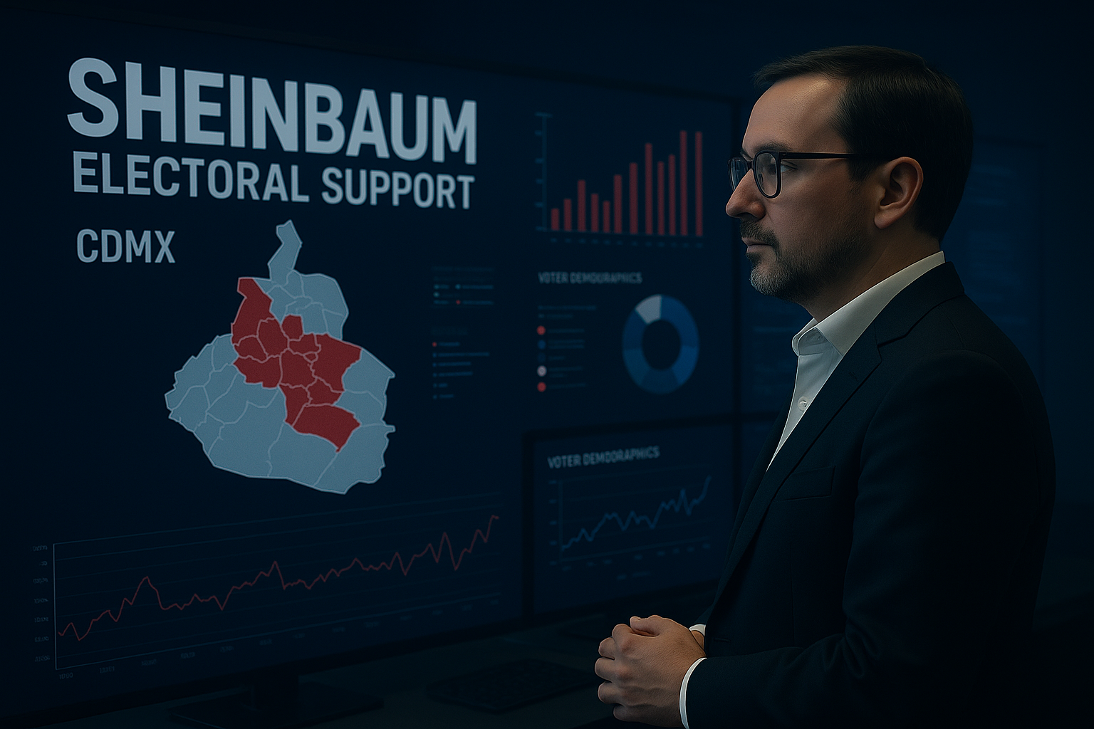 Un analista político observa pantallas con datos electorales y un mapa de la Ciudad de México mostrando zonas de apoyo a Sheinbaum