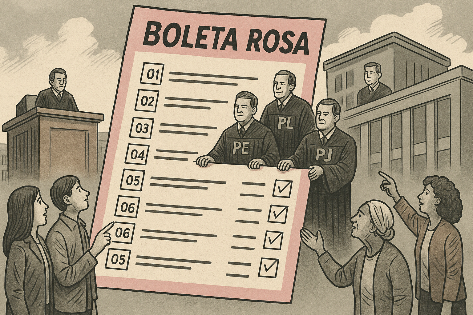 Ilustración editorial de una boleta rosa sostenida por ciudadanos y figuras del poder judicial.