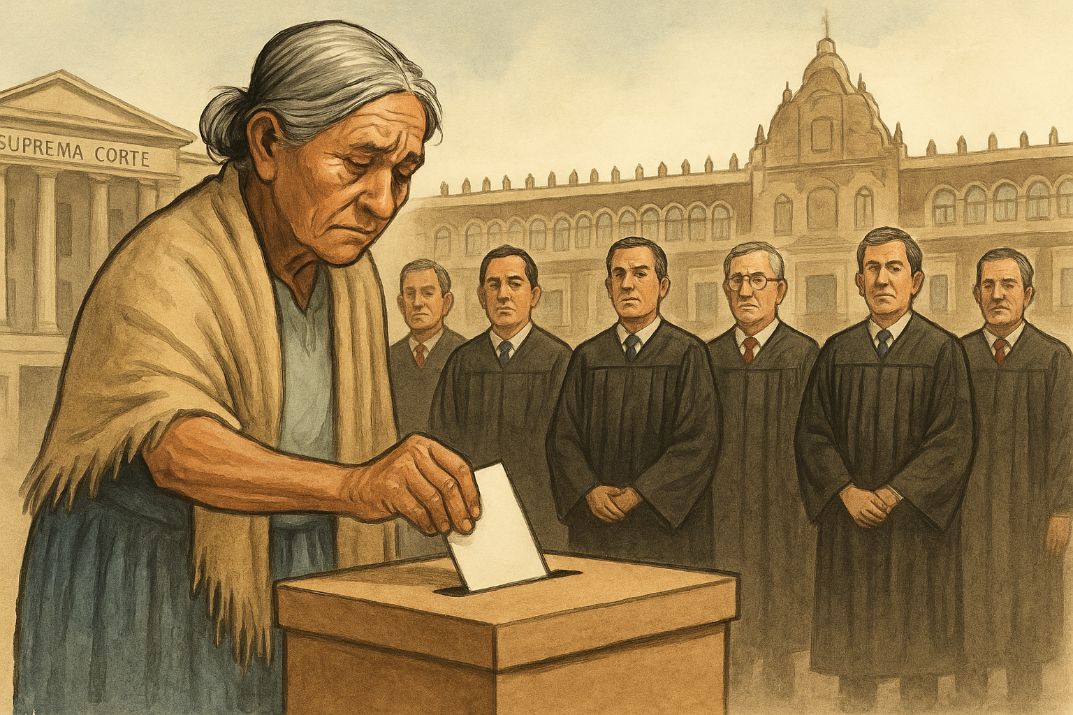 Ilustración política de una mujer mayor votando en una urna, con seis hombres en toga al fondo y edificios gubernamentales de México.