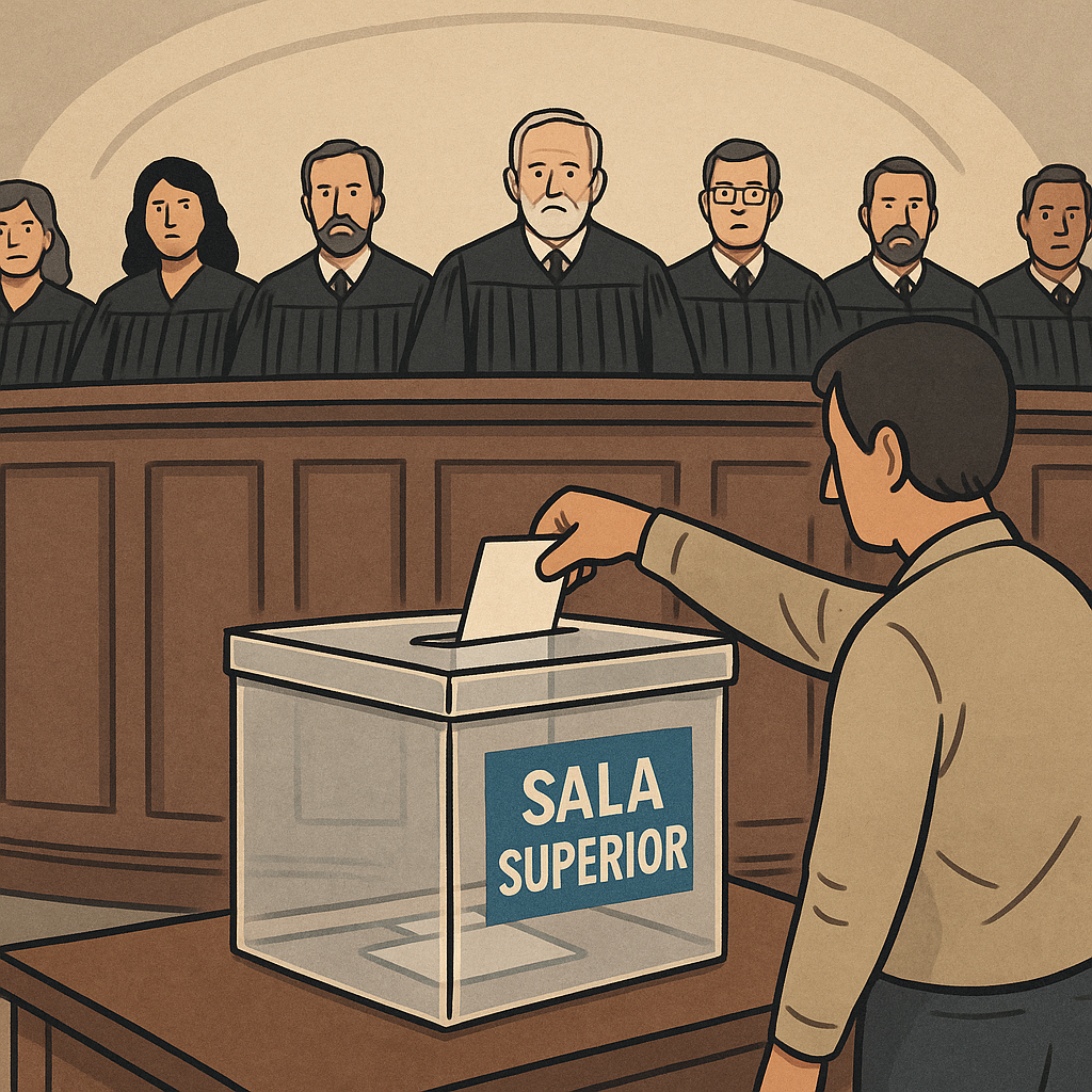Ilustración editorial de un ciudadano votando frente a siete jueces en un tribunal, con urna marcada como “Sala Superior”.