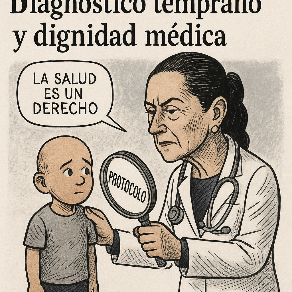 Ilustración editorial estilo caricatura de una doctora con lupa y un niño en camilla, con el cartel “Diagnóstico temprano”.