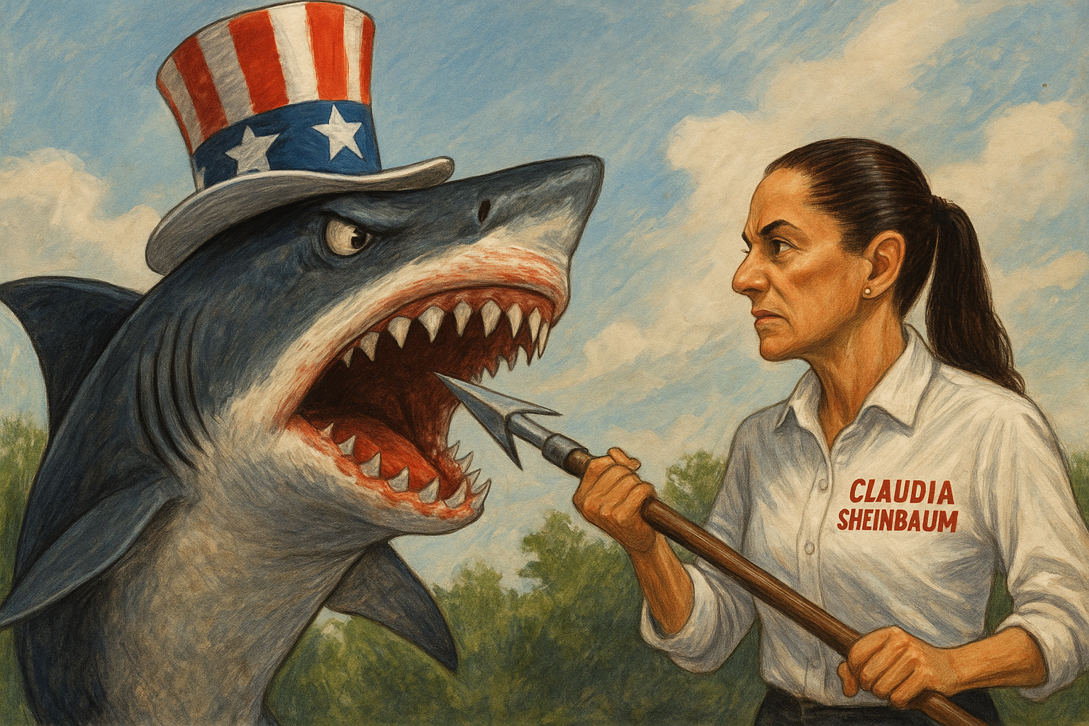 Claudia Sheinbaum apuntando un arpón contra un tiburón con sombrero de Tío Sam, representando la defensa de los migrantes mexicanos ante impuesto a remesas