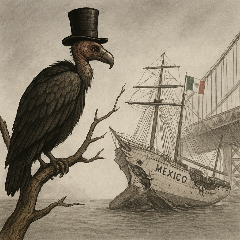 Ilustración editorial de un buitre con chistera, posado en una rama, observando a lo lejos un buque mexicano dañado tras un accidente.