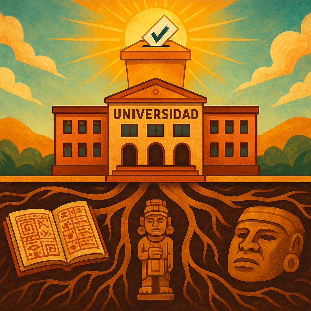 Universidad emergiendo con raíces de códices y esculturas prehispánicas, junto a urna electoral iluminada por el sol