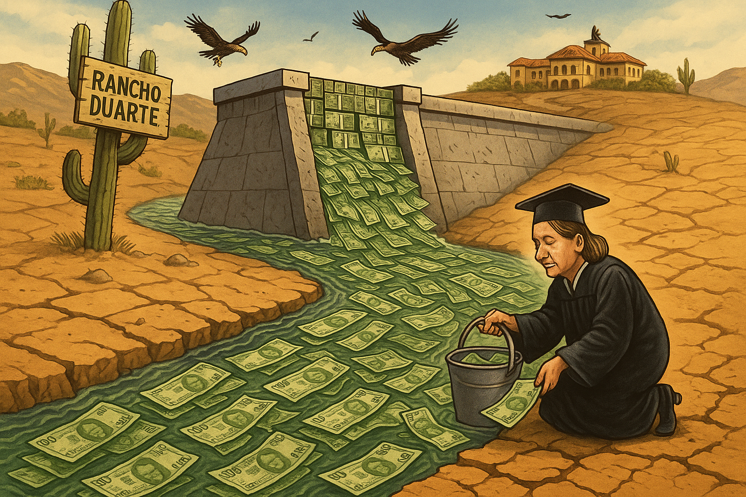 Caricatura satírica de una presa ilegal reteniendo un río de billetes en medio de un desierto, con una jueza recogiendo el dinero en una cubeta. Crítica al caso Duarte.