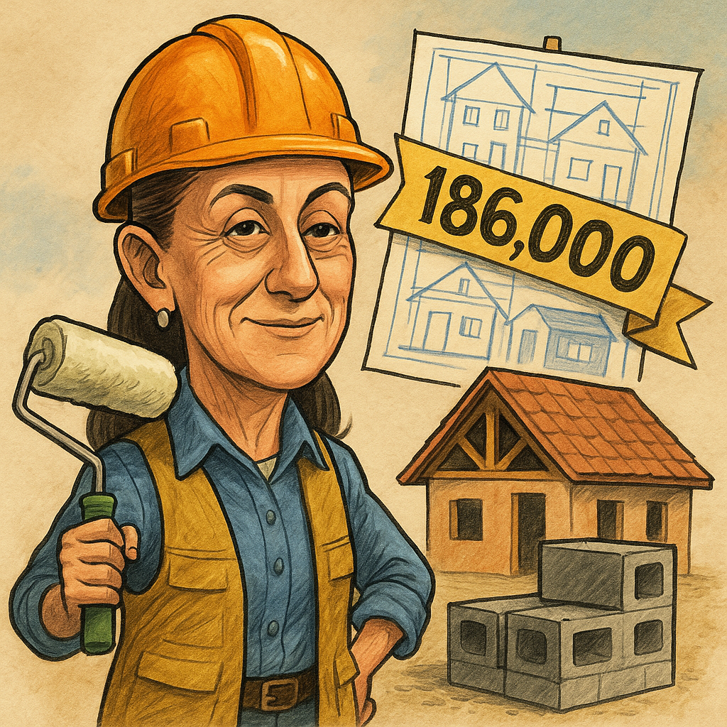 Caricatura editorial de Claudia Sheinbaum con casco de obra frente a una casa a medio construir, con planos y rodillo de pintura en mano.