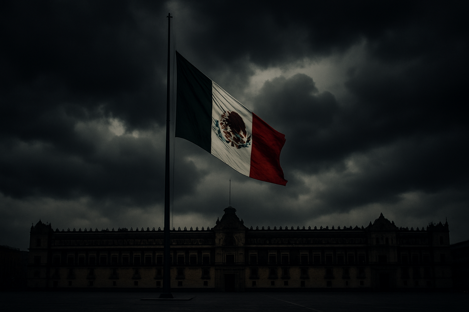 Bandera mexicana a media asta en el Zócalo de Ciudad de México con cielo nublado y Palacio Nacional al fondo