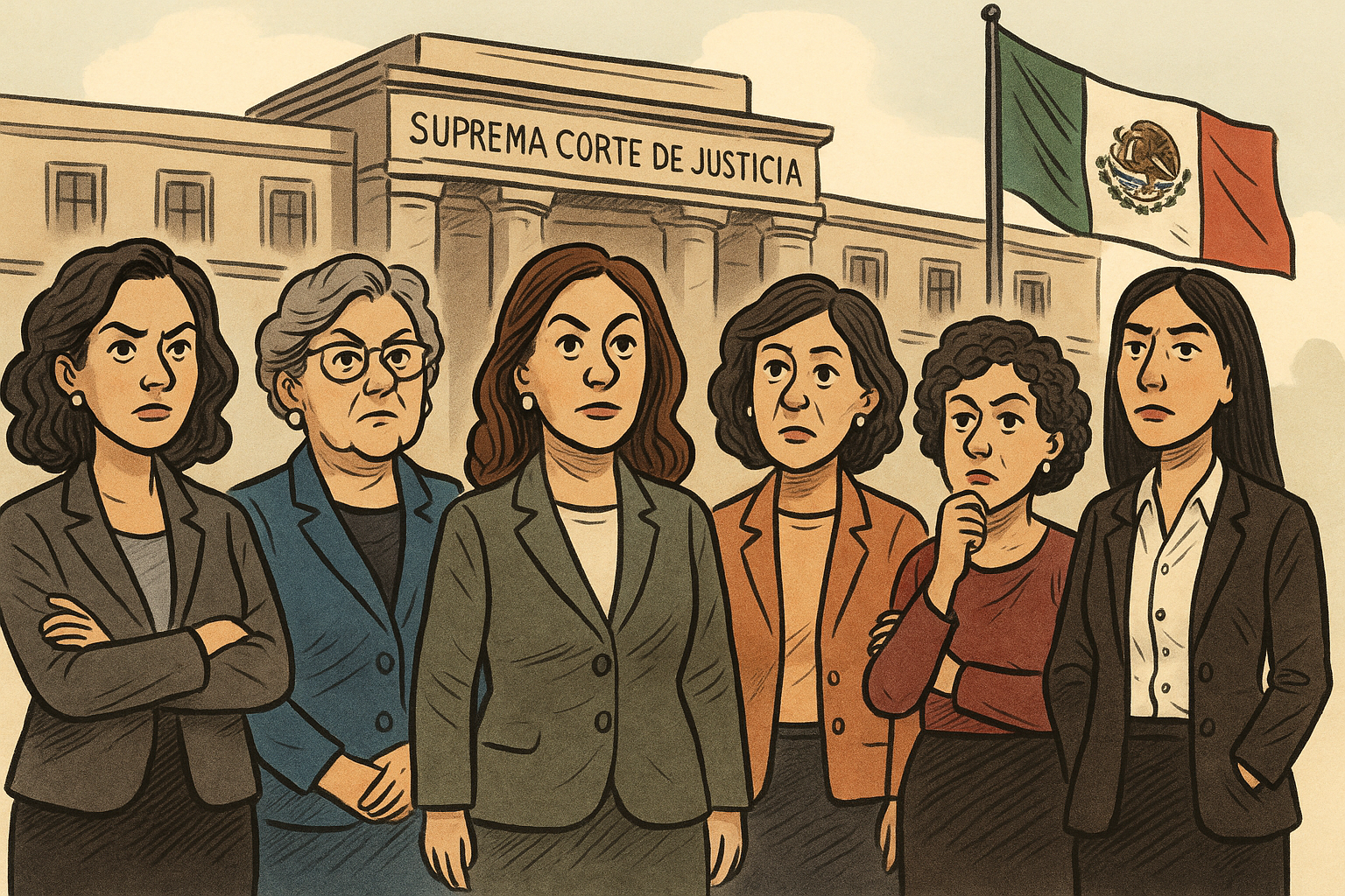 Caricatura editorial de seis mujeres frente a la Suprema Corte de Justicia de la Nación con la bandera de México al fondo.