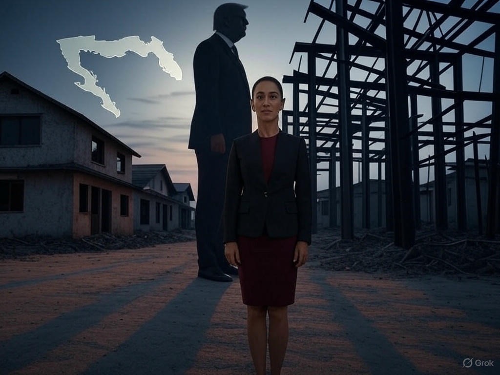 Claudia Sheinbaum enfrentando la sombra de Donald Trump en la frontera, con casas reconstruyéndose y acero ilegal derritiéndose en el fondo.