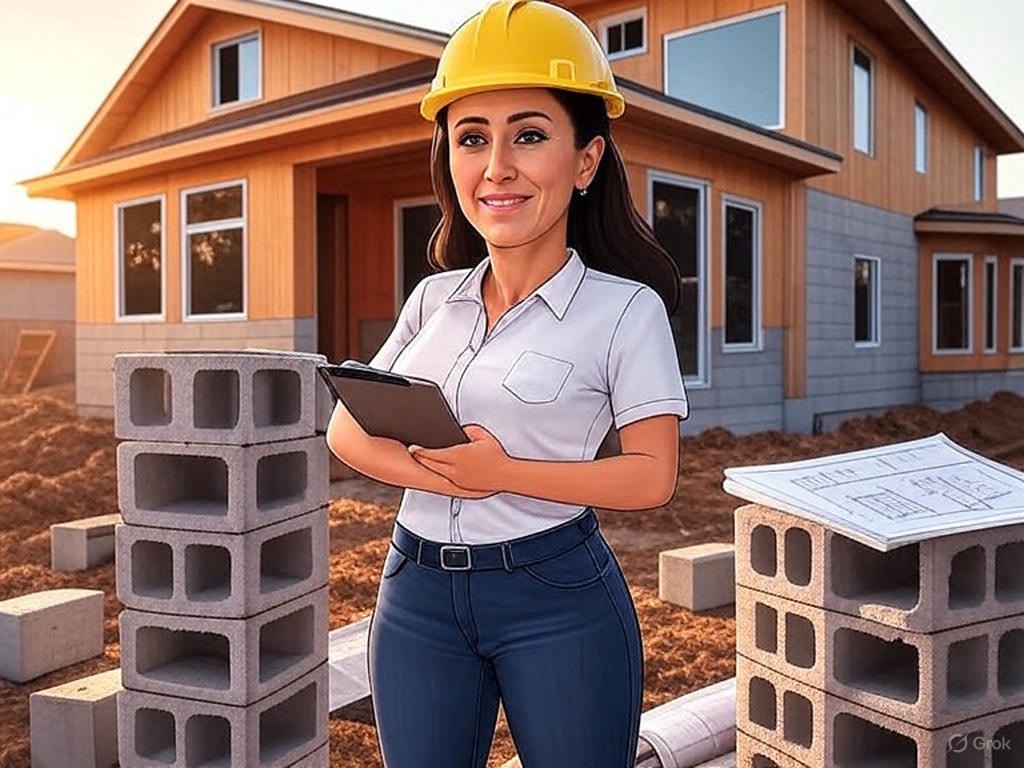 Mujer con casco de construcción frente a una casa en obra, sostiene planos y rodeada de bloques de cemento.