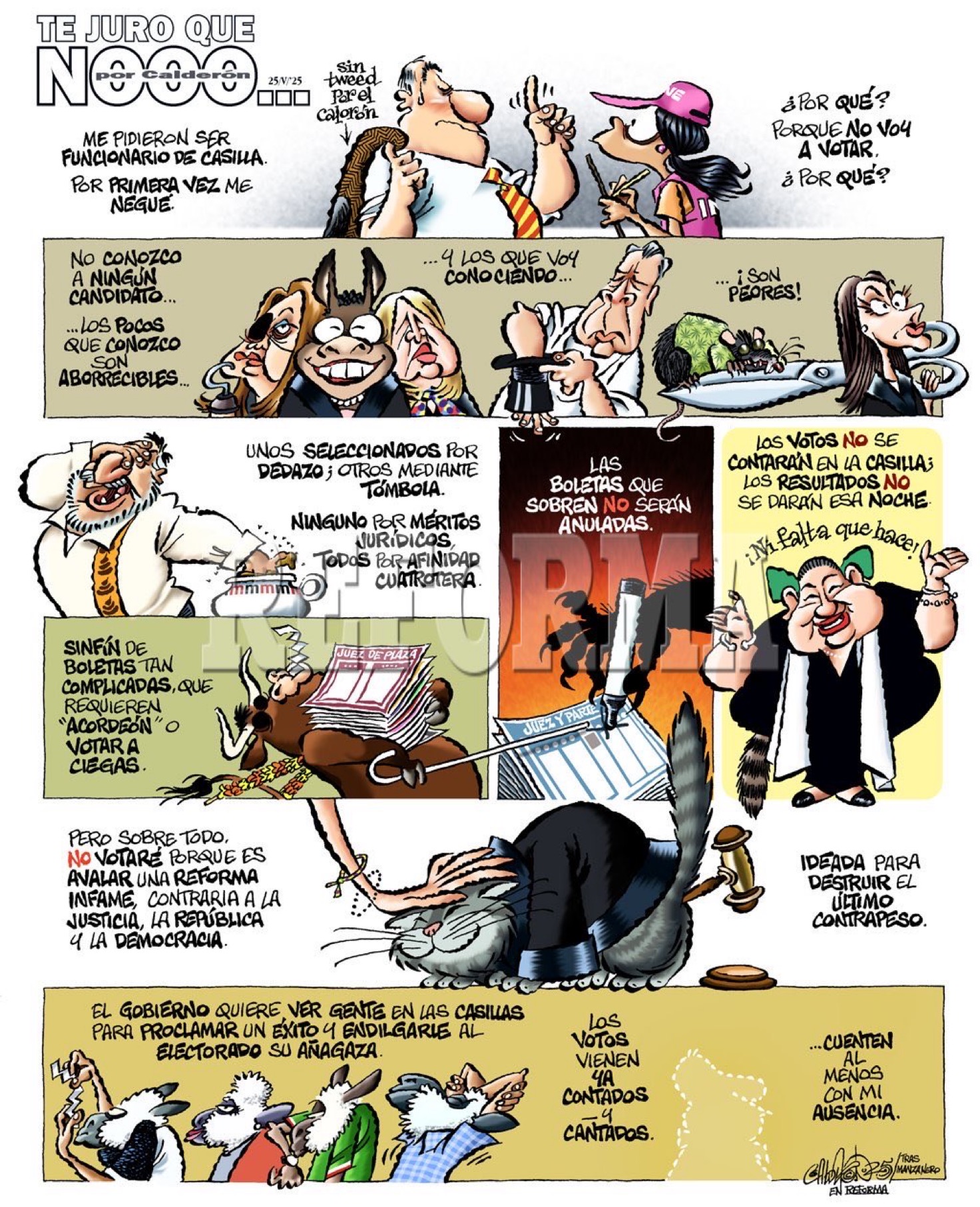 Cartón editorial de Calderón publicado en Reforma, utilizado con fines de análisis y crítica en el contexto del abstencionismo promovido por la oposición en la elección judicial del 1 de junio.