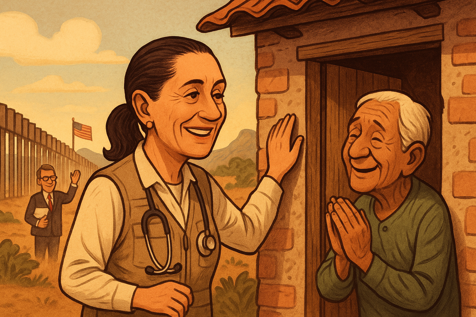 Ilustración editorial de Claudia Sheinbaum con enfermeras del programa Salud Casa por Casa y una bandera de Estados Unidos al fondo, simbolizando diplomacia y atención social.