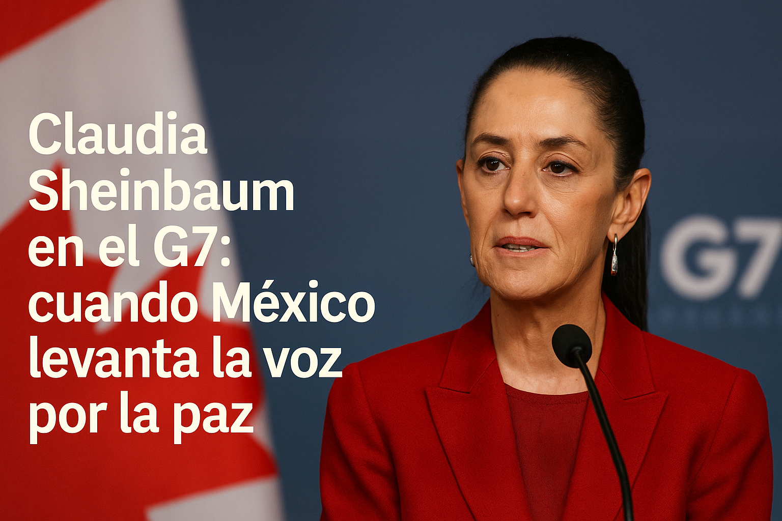 PresidentA Claudia Sheinbaum hablando en el G7 sobre paz, justicia y bienestar económico, con fondo de bandera de Canadá.