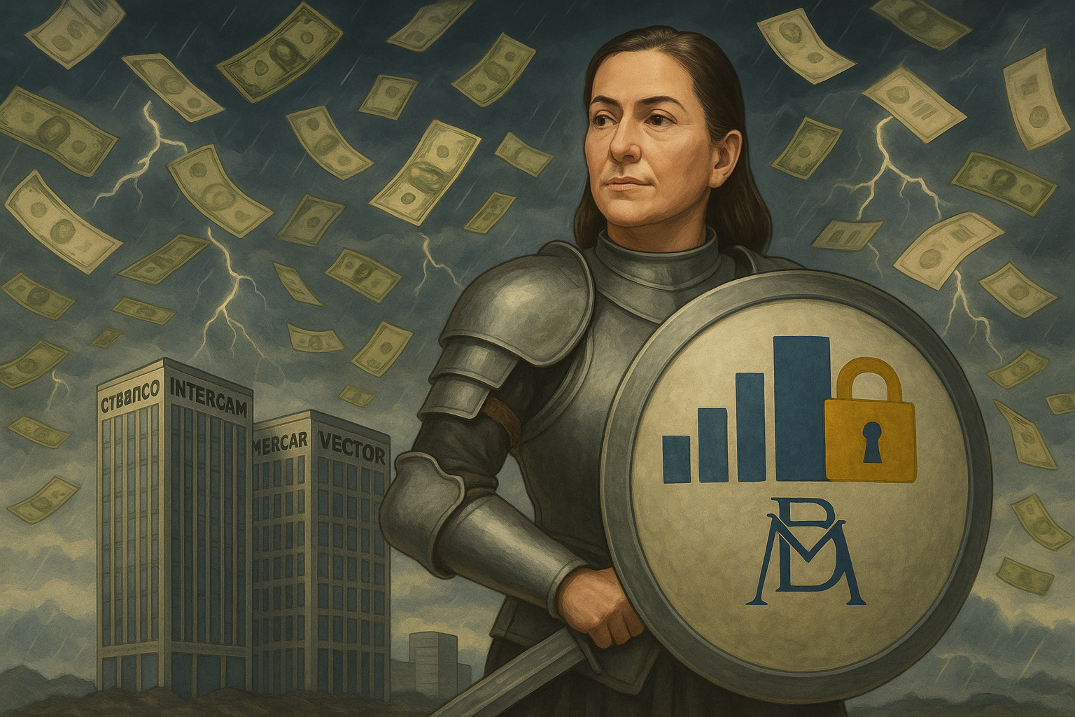 Ilustración conceptual de Claudia Sheinbaum con armadura y escudo, protegiendo al sistema bancario mexicano de una tormenta financiera.