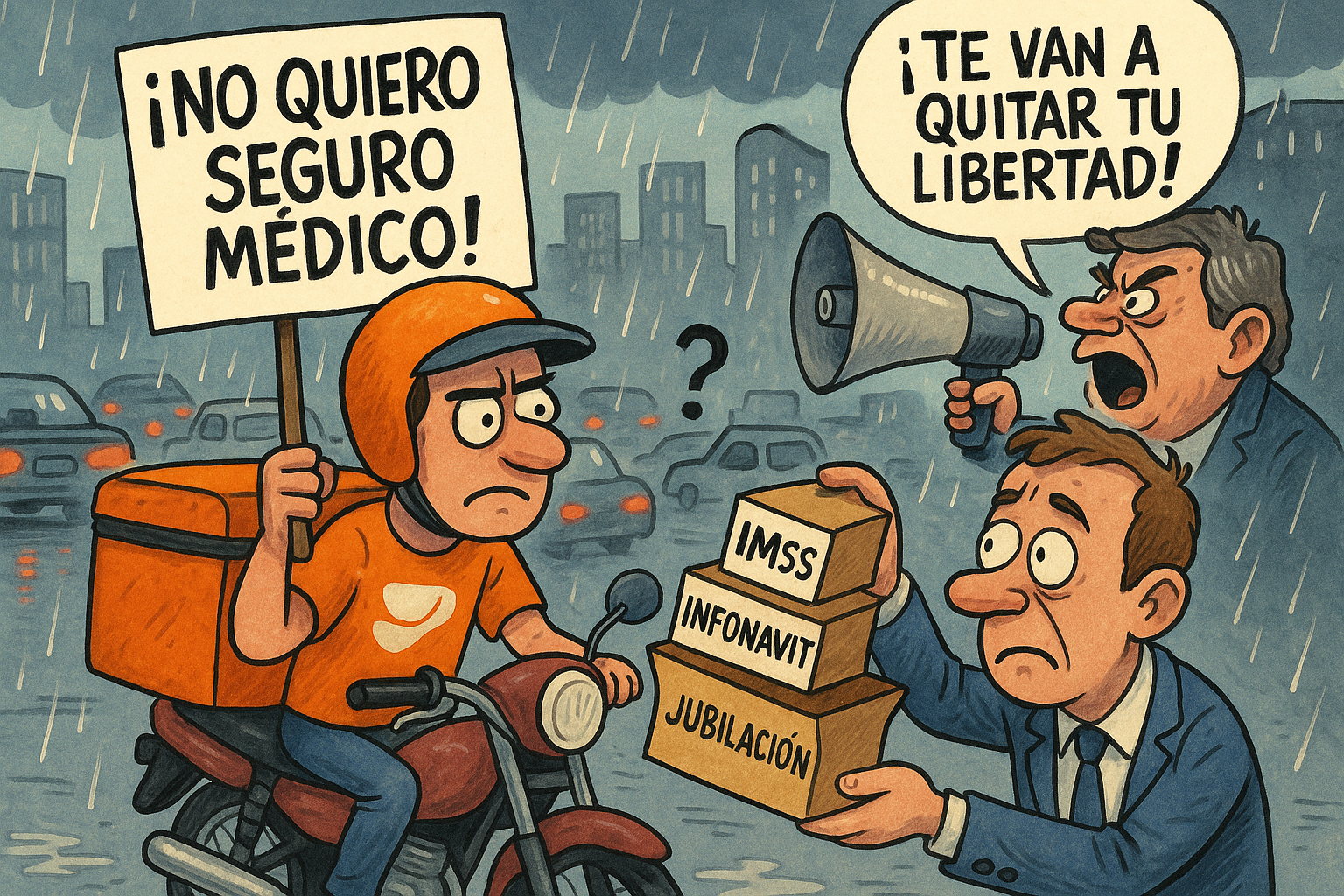Caricatura satírica de un repartidor en motocicleta protestando contra el seguro médico mientras un político le ofrece beneficios del IMSS, Infonavit y jubilación.