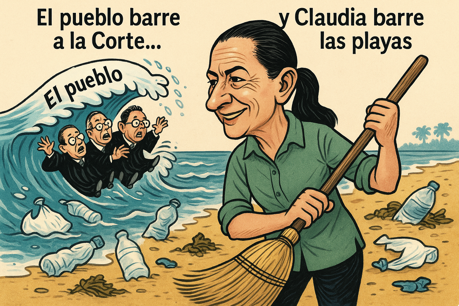 Caricatura de Claudia Sheinbaum con escoba limpiando playas, como parte de la campaña nacional por el Día Mundial del Medio Ambiente.