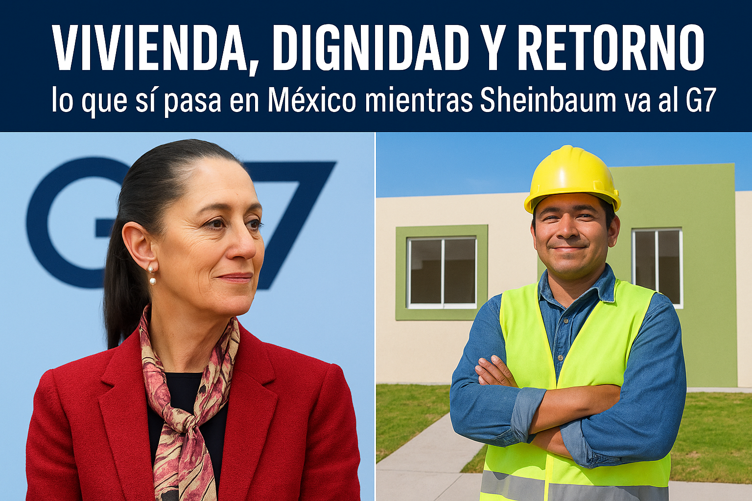 PresidentA Sheinbaum en el G7 y trabajador mexicano frente a vivienda nueva, representando avances de la 4T