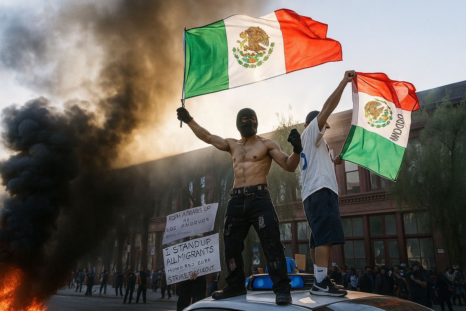 Manifestantes mexicanos con banderas en protesta en Los Ángeles con humo y disturbios de fondo