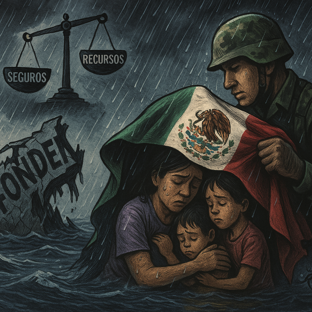 Soldado de la Marina frente a una ciudad devastada por un huracán, cargando ayuda humanitaria, mientras una familia observa desde los escombros.