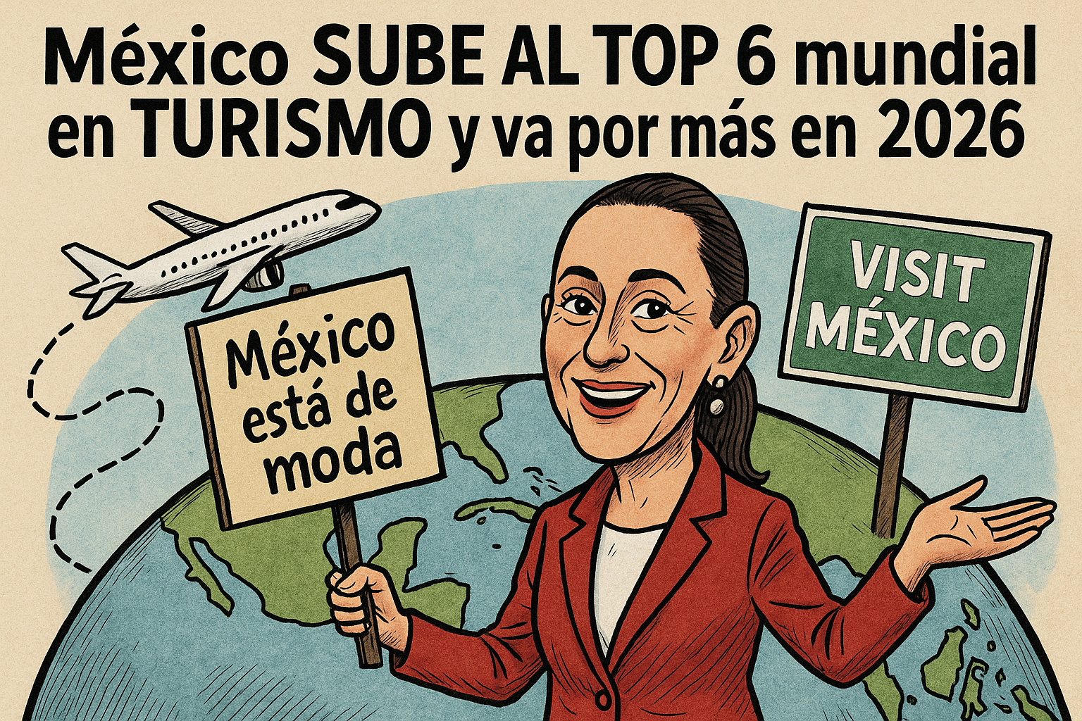 PresidentA Claudia Sheinbaum caricaturizada promoviendo el turismo mexicano en 2026 con paisajes, turistas y logros destacados