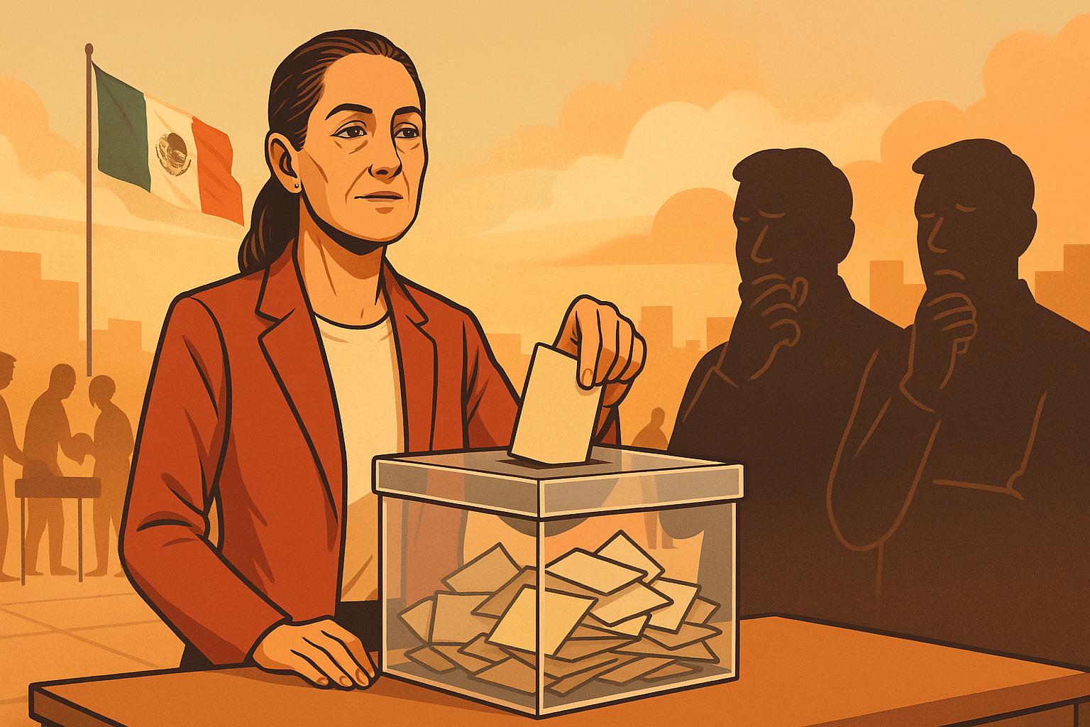 Mujer votando en urna transparente durante elección del Poder Judicial en México, con bandera nacional al fondo y figuras en sombra observando.