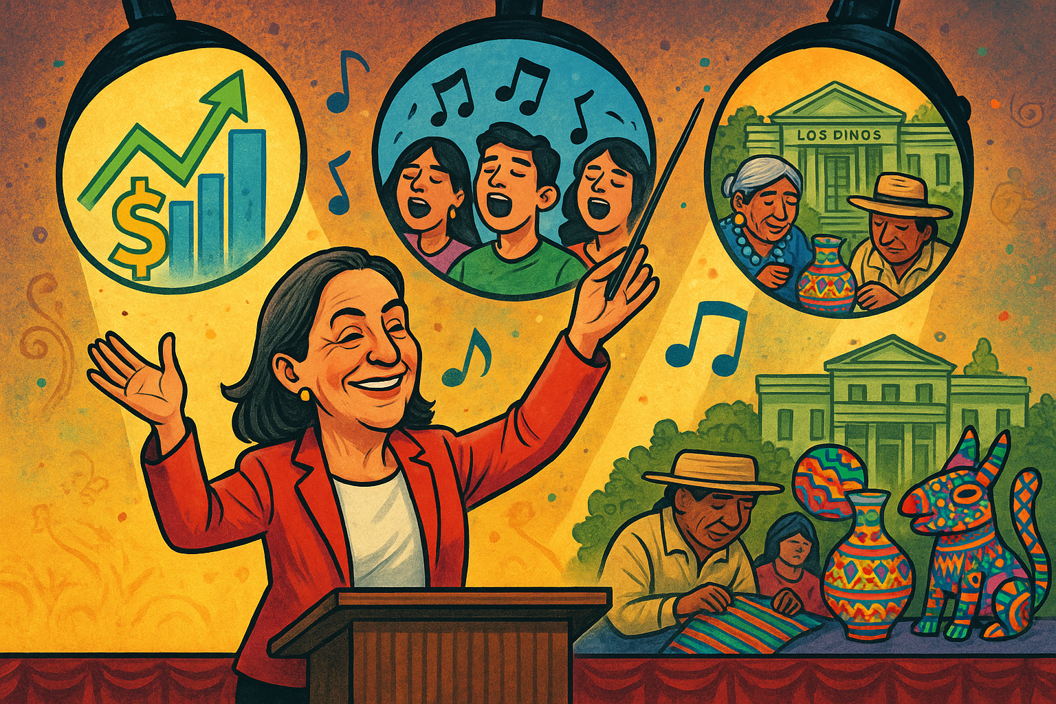 Claudia Sheinbaum sonriente sobre un escenario musical, con gráficos económicos positivos y artesanías mexicanas frente a Los Pinos.