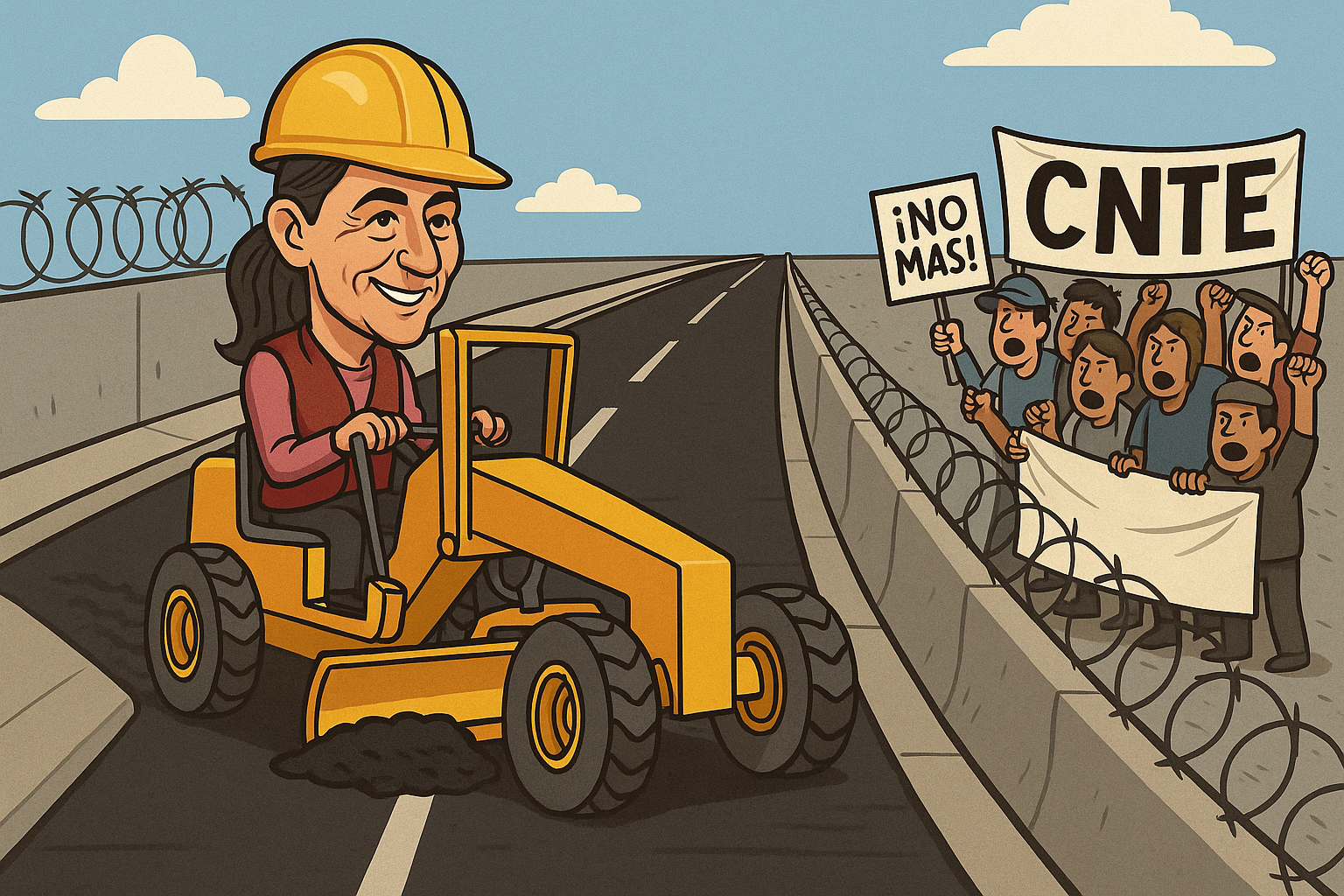 Caricatura satírica de una carretera dividida: en un lado, Claudia Sheinbaum con casco pavimenta con una motoconformadora; del otro lado, maestros de la CNTE bloquean el paso con pancartas.