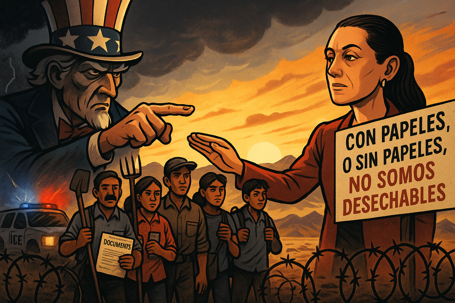 Ilustración editorial de migrantes mexicanos enfrentando redadas de ICE, protegidos por figura femenina que representa a Claudia Sheinbaum
