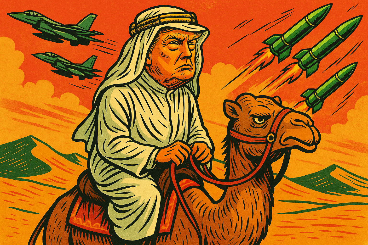 Caricatura política de Donald Trump vestido como Lawrence de Arabia montando un camello en el desierto, seguido por misiles y aviones de combate. Estilo satírico a color, formato horizontal 12:9.
