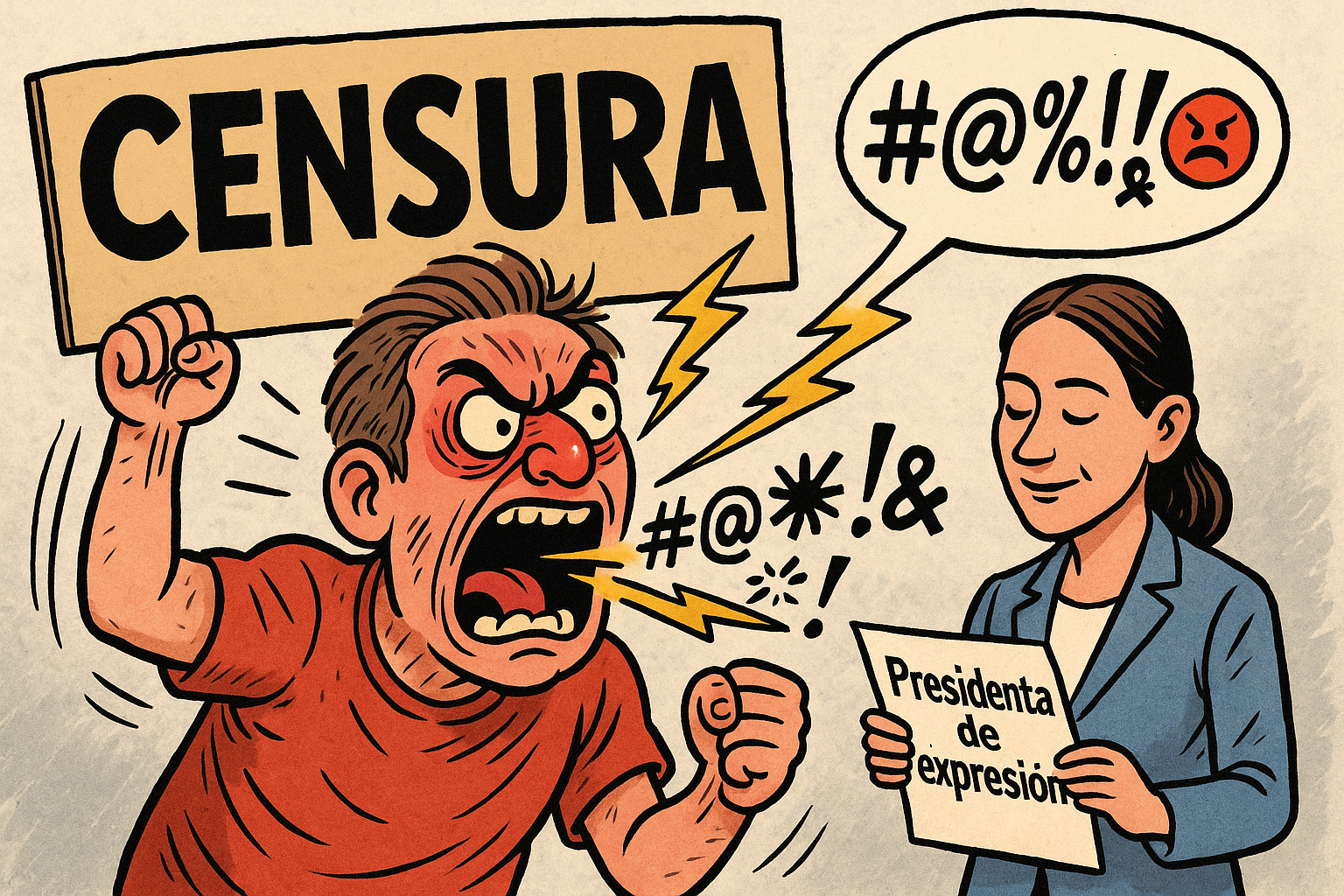 Caricatura de un hombre furioso gritando “CENSURA” mientras lanza insultos, frente a una mujer calmada etiquetada como “Presidenta” que lee un documento de libertad de expresión.