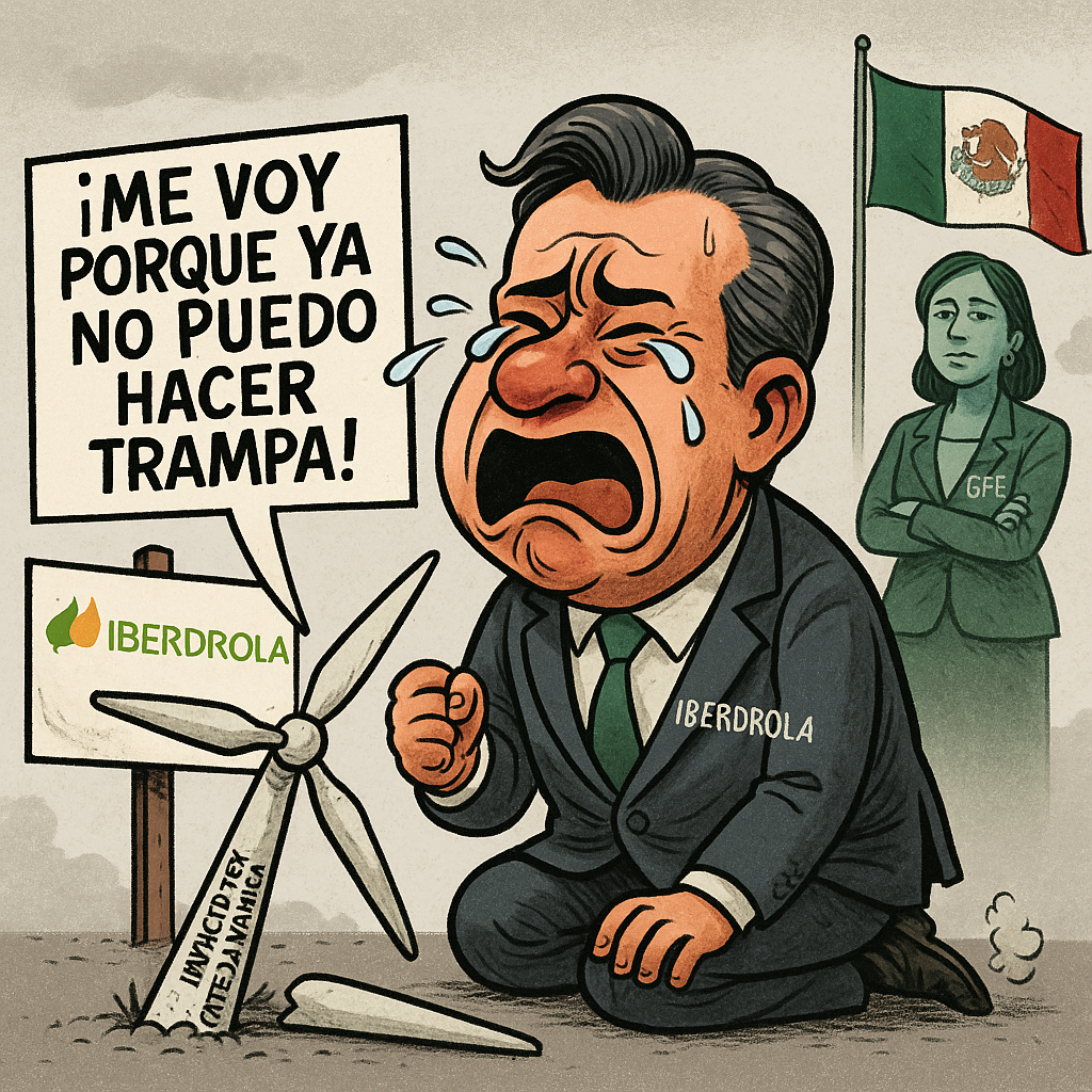 Caricatura satírica de Iberdrola saliendo de México llorando porque ya no puede hacer trampa en el sector eléctrico, con la CFE al fondo observando.