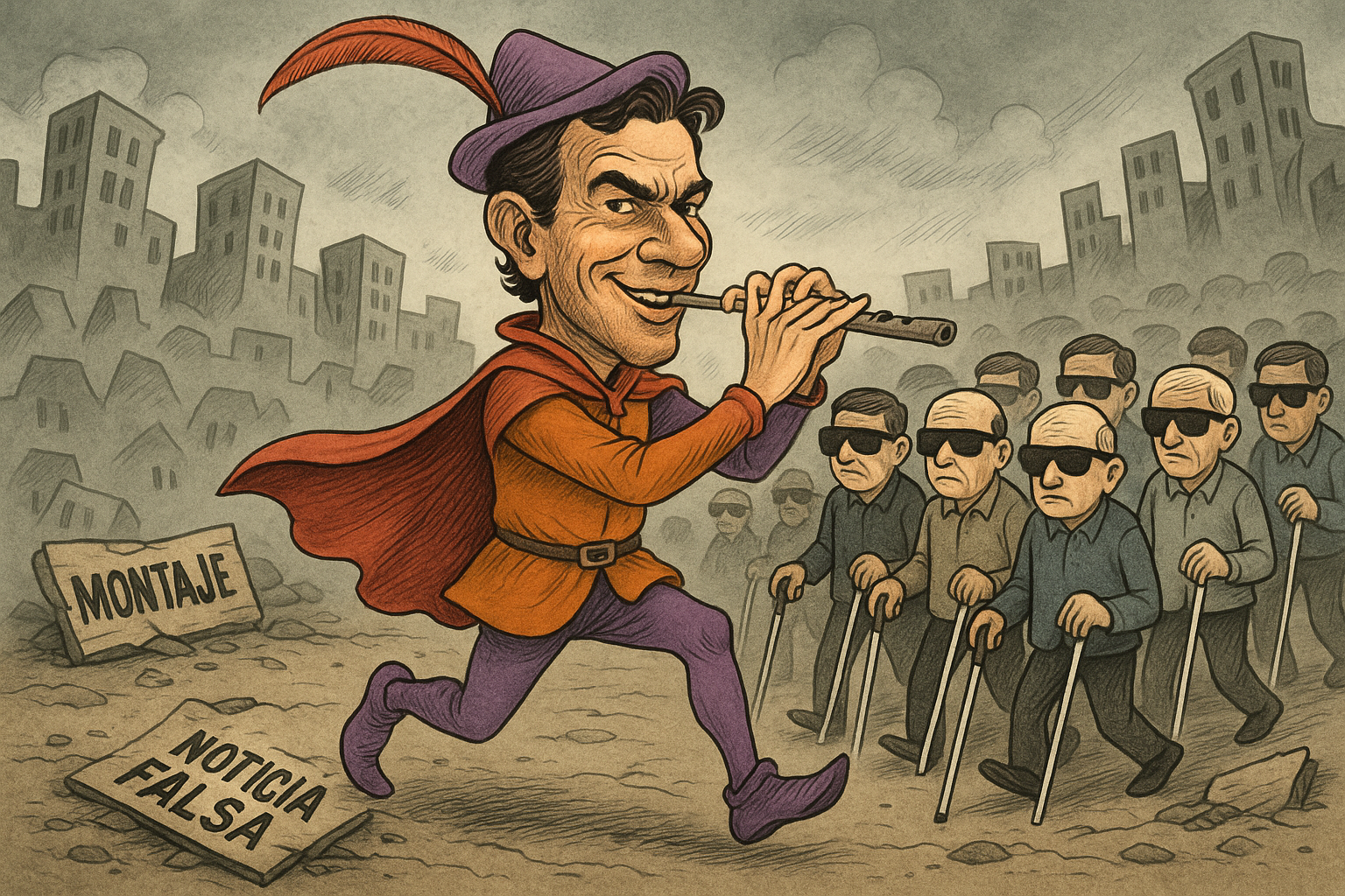 Caricatura de Carlos Loret de Mola como flautista guiando a una multitud de seguidores ciegos, en crítica a su influencia mediática a pesar de sus montajes.