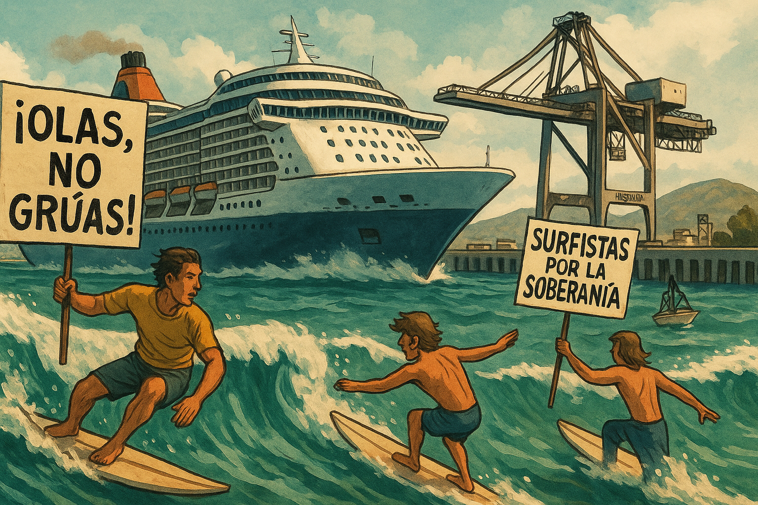 Vista editorial de Ensenada modernizándose: crucero gigante maniobrando en puerto con surfistas al fondo y grúas portuarias en acción