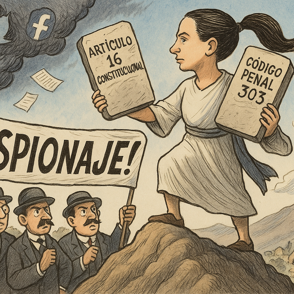 Caricatura editorial con Claudia Sheinbaum en una montaña sosteniendo dos tablas de piedra con el Artículo 16 y el Código Penal 303, mientras en el valle periodistas porfirianos levantan una manta que dice “¡ESPIONAJE!”