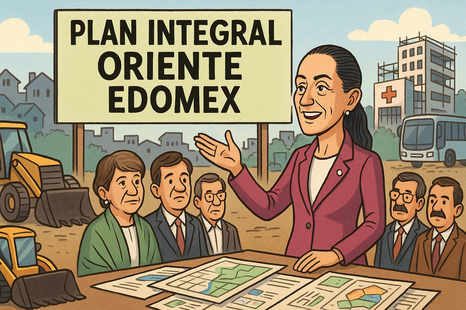 Ilustración editorial de Claudia Sheinbaum junto a funcionarios y maquinaria, anunciando el Plan Integral para el Oriente del Estado de México