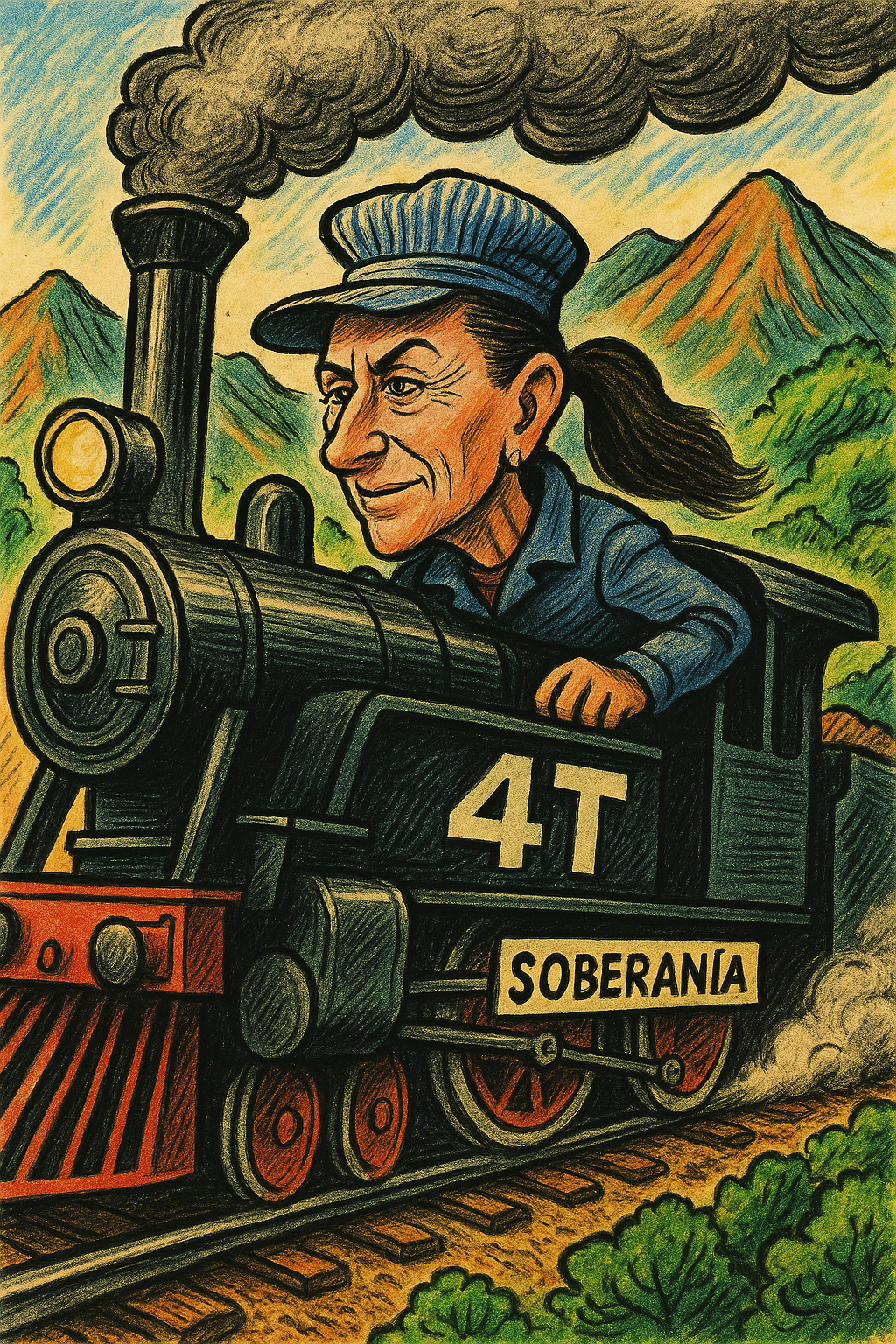 Claudia Sheinbaum como maquinista de tren atravesando la sierra mexicana, caricatura editorial estilo New York Times.