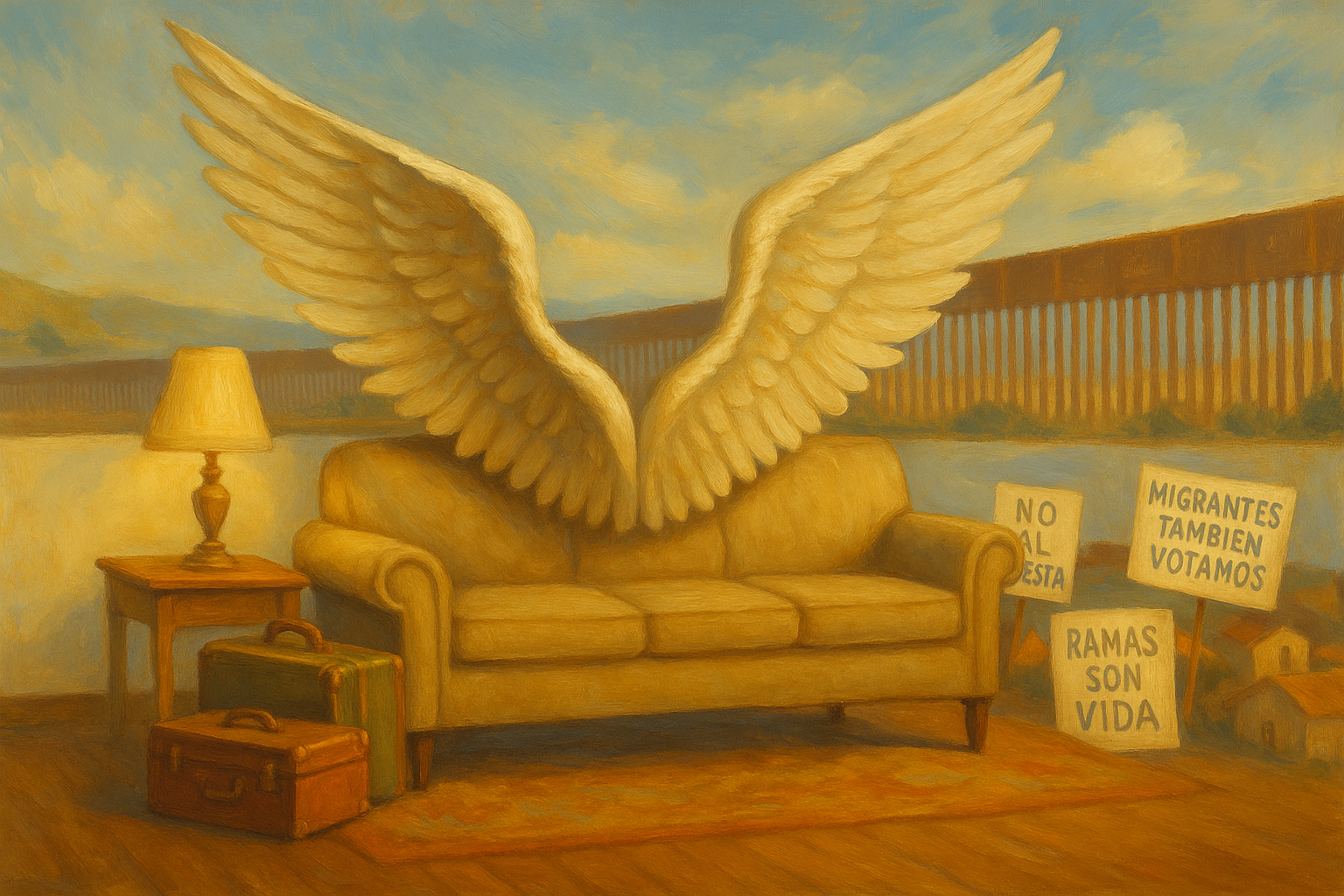 Pintura digital estilo óleo de una sala de estar con alas desplegadas en el respaldo del sofá, volando simbólicamente sobre la frontera entre México y Estados Unidos. Maletas, lámpara cálida y carteles como “Migrantes también votamos” y “Remesas son vida” acompañan la escena.