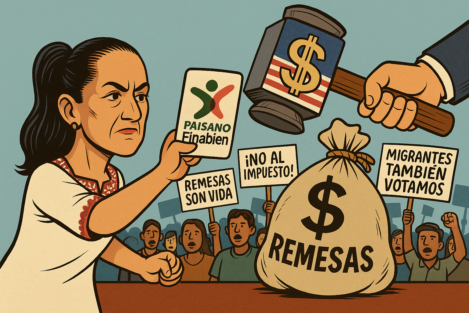 Caricatura editorial de Claudia Sheinbaum usando la tarjeta Paisano Finabien como escudo para proteger las remesas de un impuesto impulsado por Estados Unidos, mientras migrantes mexicanos protestan con pancartas.