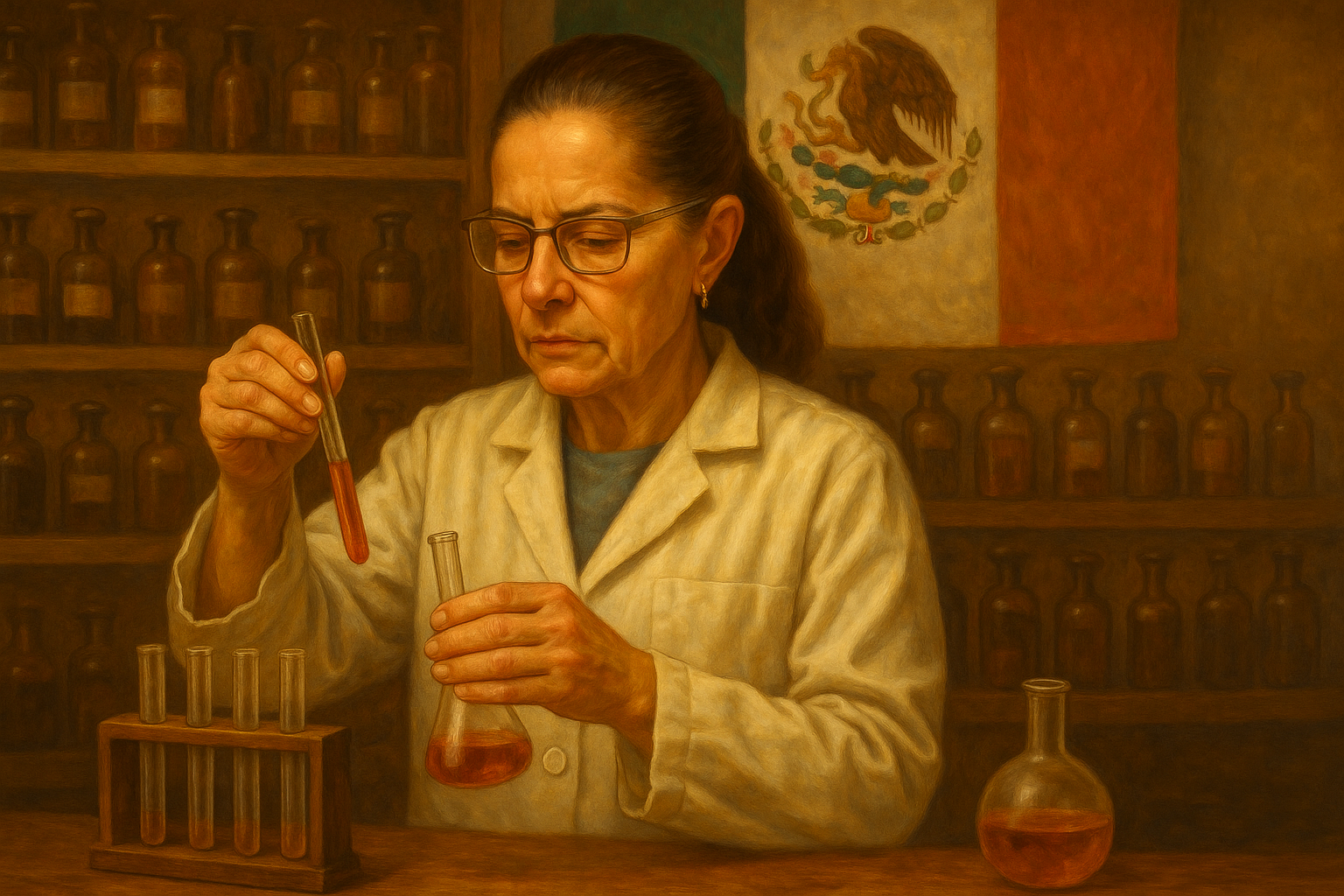 PresidentA de México en bata de laboratorio, manipulando tubos de ensayo frente a una bandera mexicana, estilo óleo clásico.