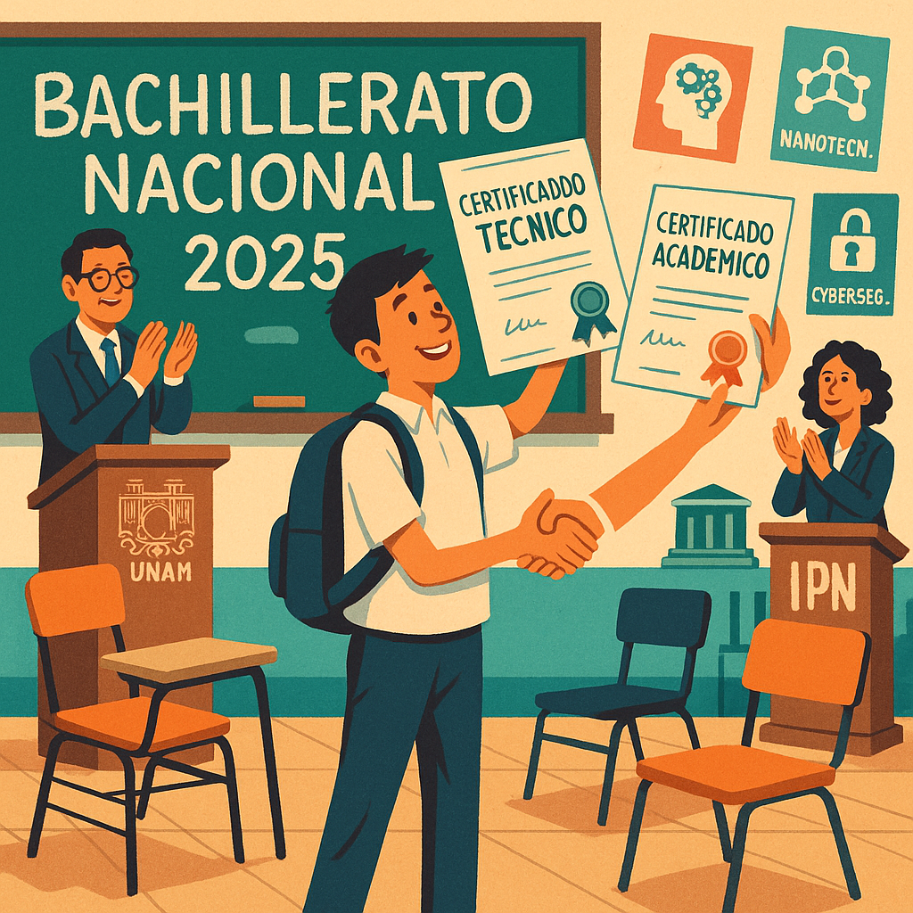 Estudiantes en un aula moderna del Bachillerato Nacional con libros, computadoras y un pizarrón que dice “Educación para el futuro”.