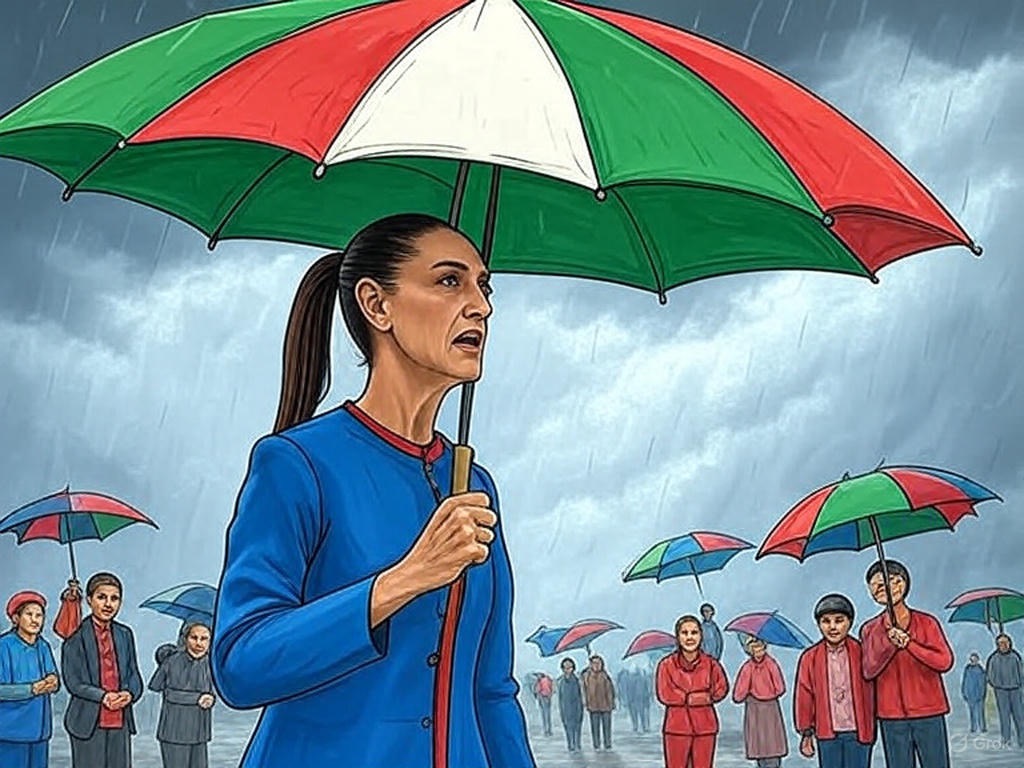 Caricatura digital de Claudia Sheinbaum sosteniendo un gran paraguas tricolor que protege a pobladores en medio de una tormenta. La imagen simboliza el respaldo del Estado ante desastres naturales.