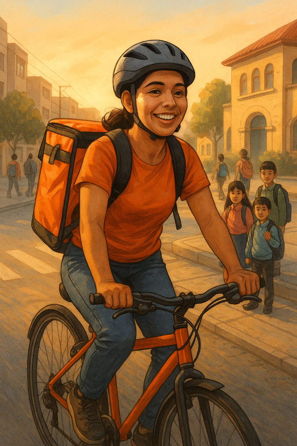 Mujer repartidora en bicicleta entregando comida, con mochila de plataforma digital, mientras sus tres hijos caminan hacia la escuela en el fondo.