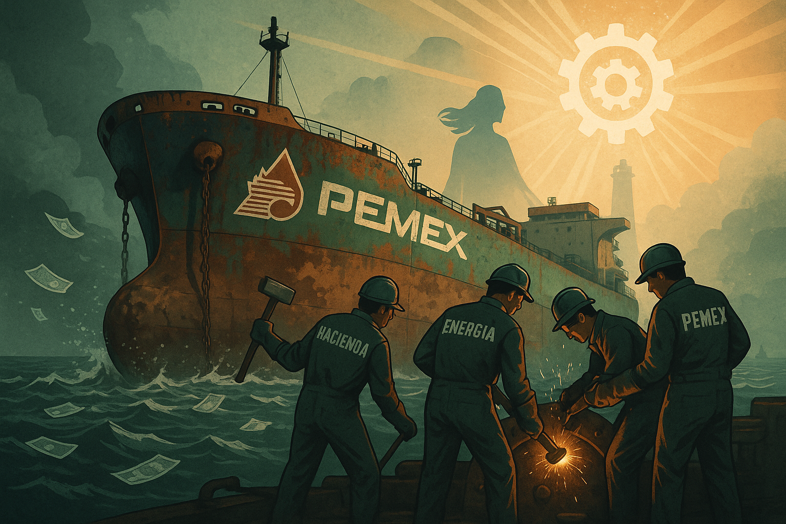 Ilustración de una refinería moderna con bandera de México al fondo y gráficas de crecimiento financiero, simbolizando la recuperación de Pemex bajo un plan integral