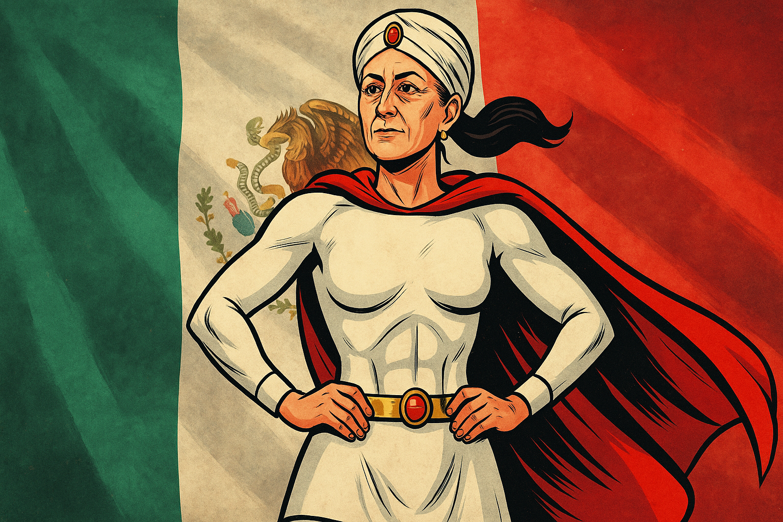 Ilustración estilo caricatura política de Claudia Sheinbaum con cuerpo de heroína, vestida como Kalimán y con una bandera de México difuminada al fondo