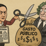 Caricatura política sobre el gasto público en medicamentos en México y cómo las farmacéuticas inflan precios al sistema de salud.
