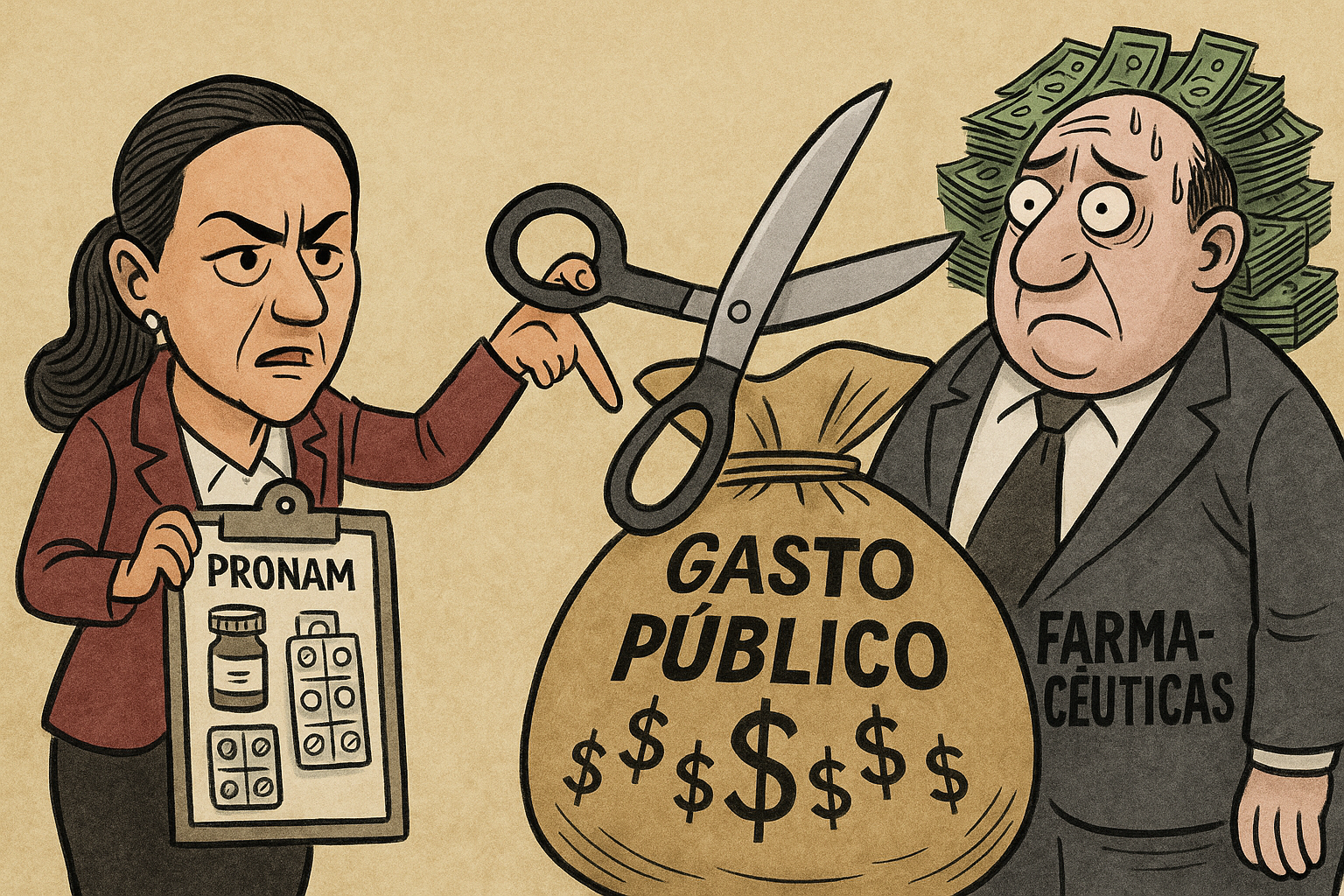 Caricatura política sobre el gasto público en medicamentos en México y cómo las farmacéuticas inflan precios al sistema de salud.